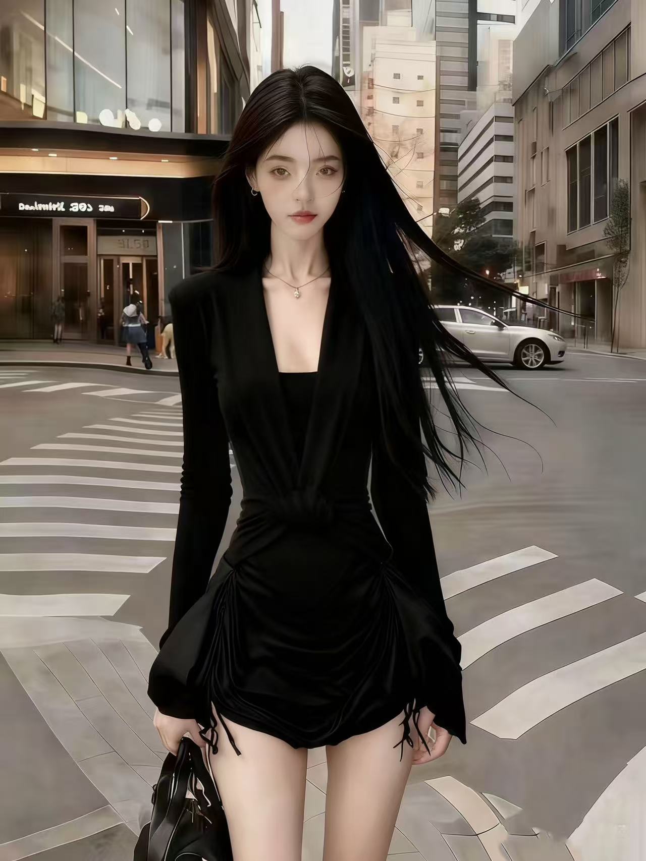 时尚黑色V领长袖修身收腰小众设计连衣裙【下裙为抽绳需自行调整】