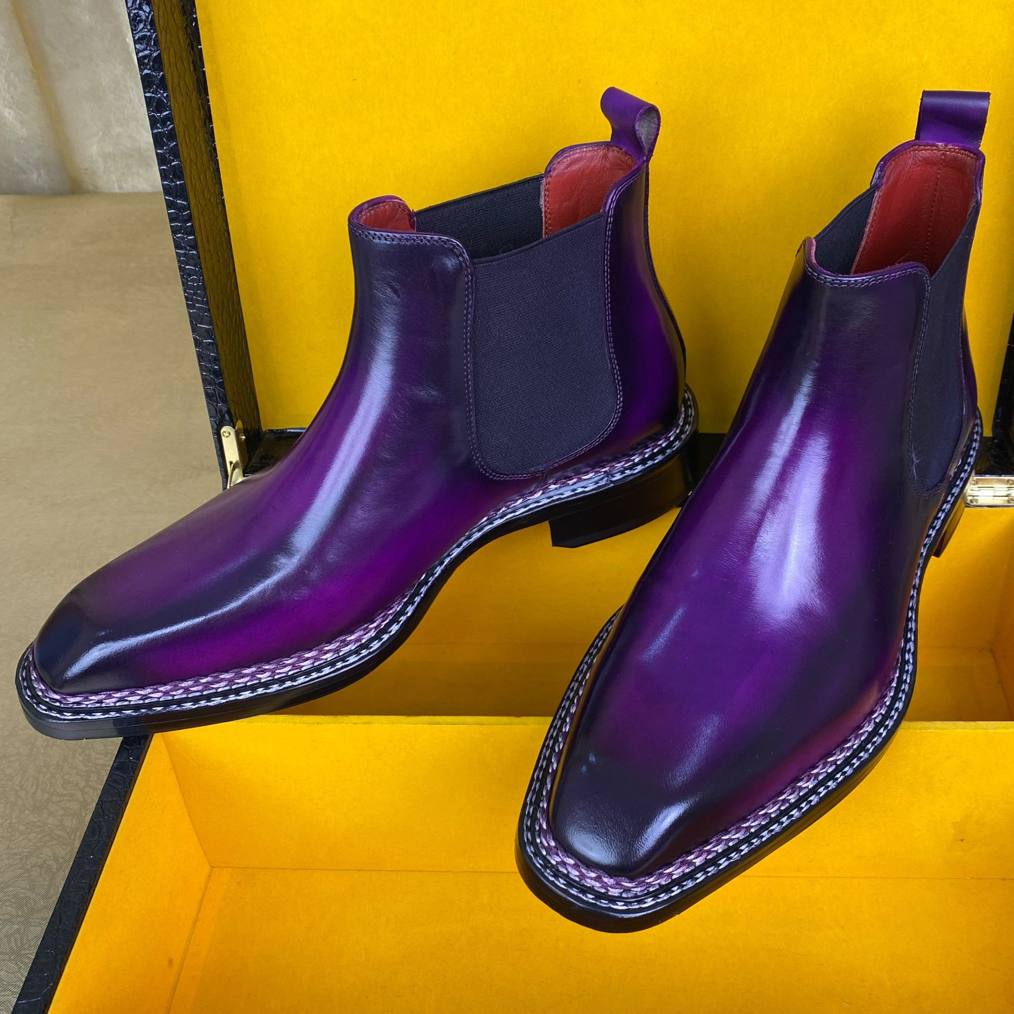 马臀皮挪威缝高端男士切尔西男款靴子紫春秋真皮时尚百搭高帮靴子