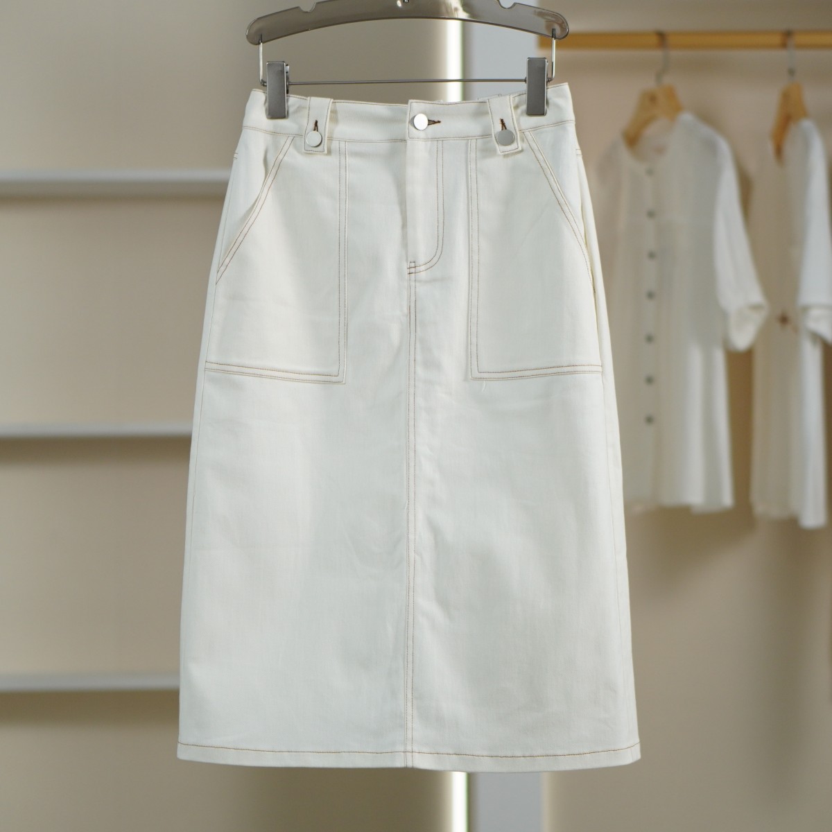 【诗M】S064-5  女装时尚休闲撞色线直筒牛仔长半裙米色2313193