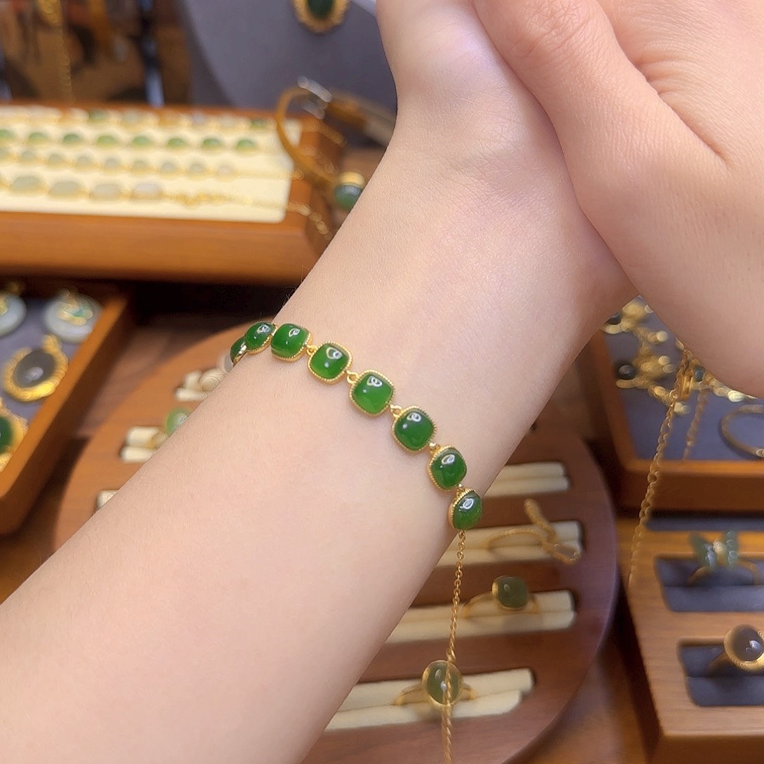 和田玉手链银S925镀金镶嵌