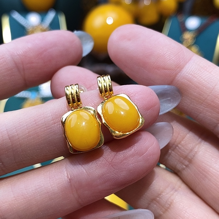 蜜蜡耳饰银S925镀金镶嵌