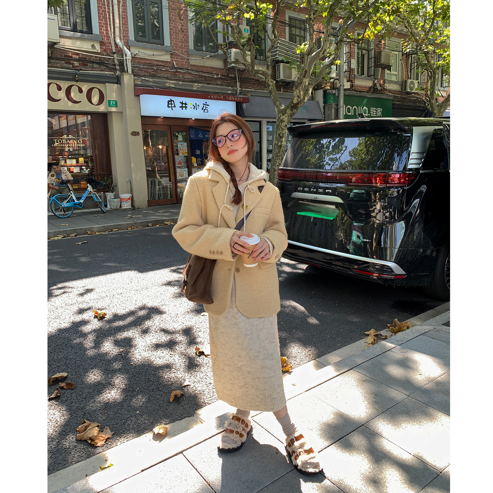 西西里安 大衣搭档~花纱杂色含羊毛连帽毛衣裙女小个子针织连衣裙