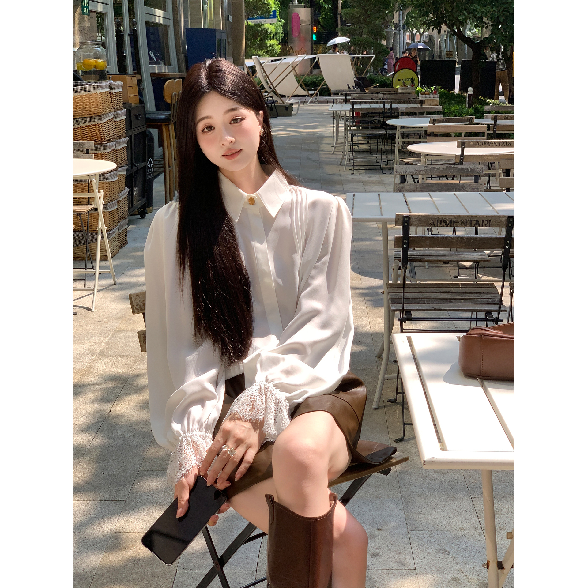 夏诗文 斜纹雪纺衬衫女法式塔克工艺拼接蕾丝袖衬衣汉服