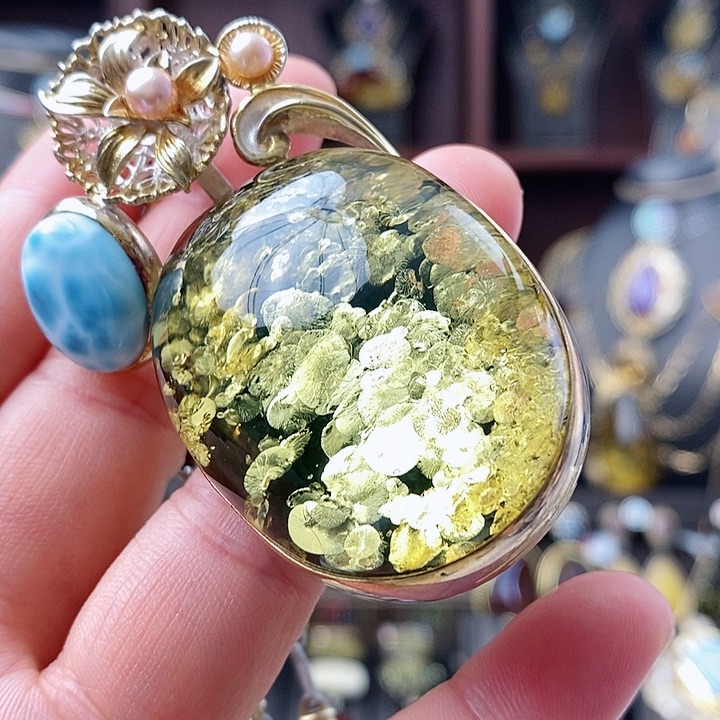 琥珀颈饰银S925镶嵌吊坠