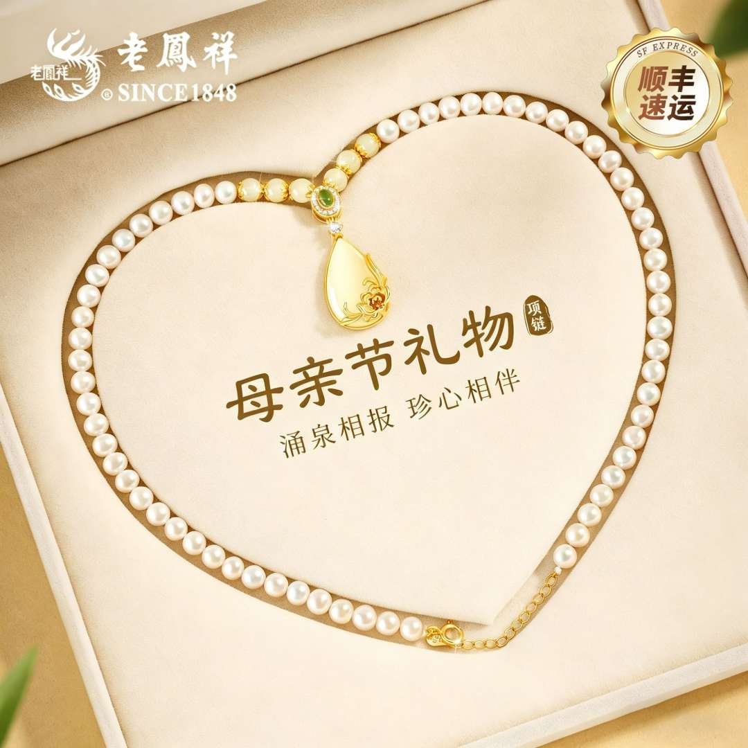 老凤祥牡丹淡水珍珠项链女款国风气质生日礼物送妈妈母亲老婆商品图