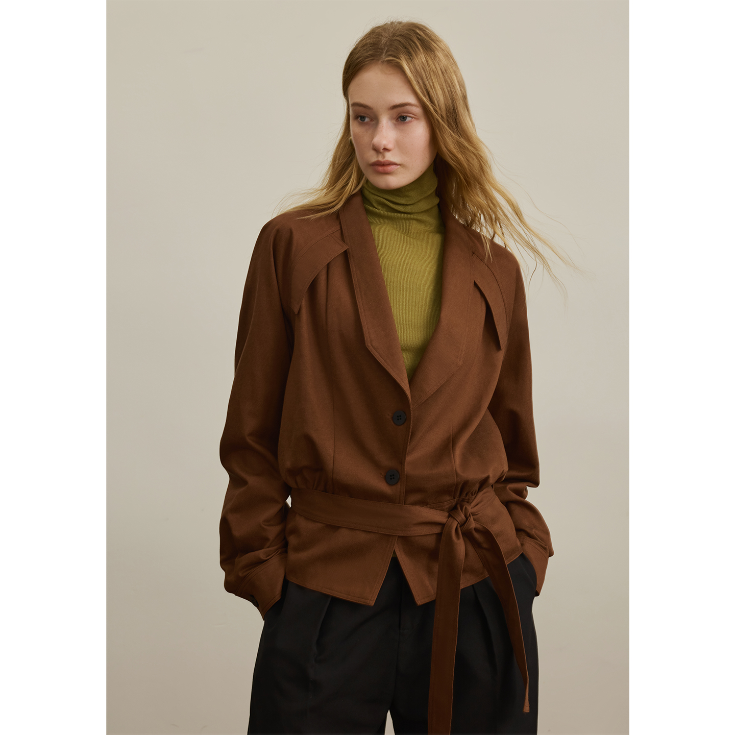 AEL原创法式系带设计天丝棉外套女2025秋冬翻领收腰上衣AS5DF717