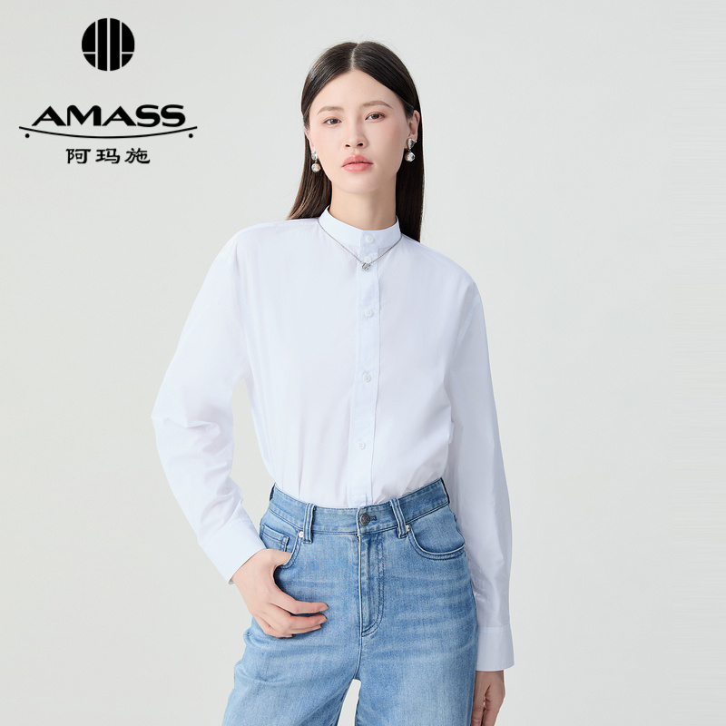 阿玛施AMASS春夏简约时尚气质新中式纯色立领廓形衬衫长袖5301011