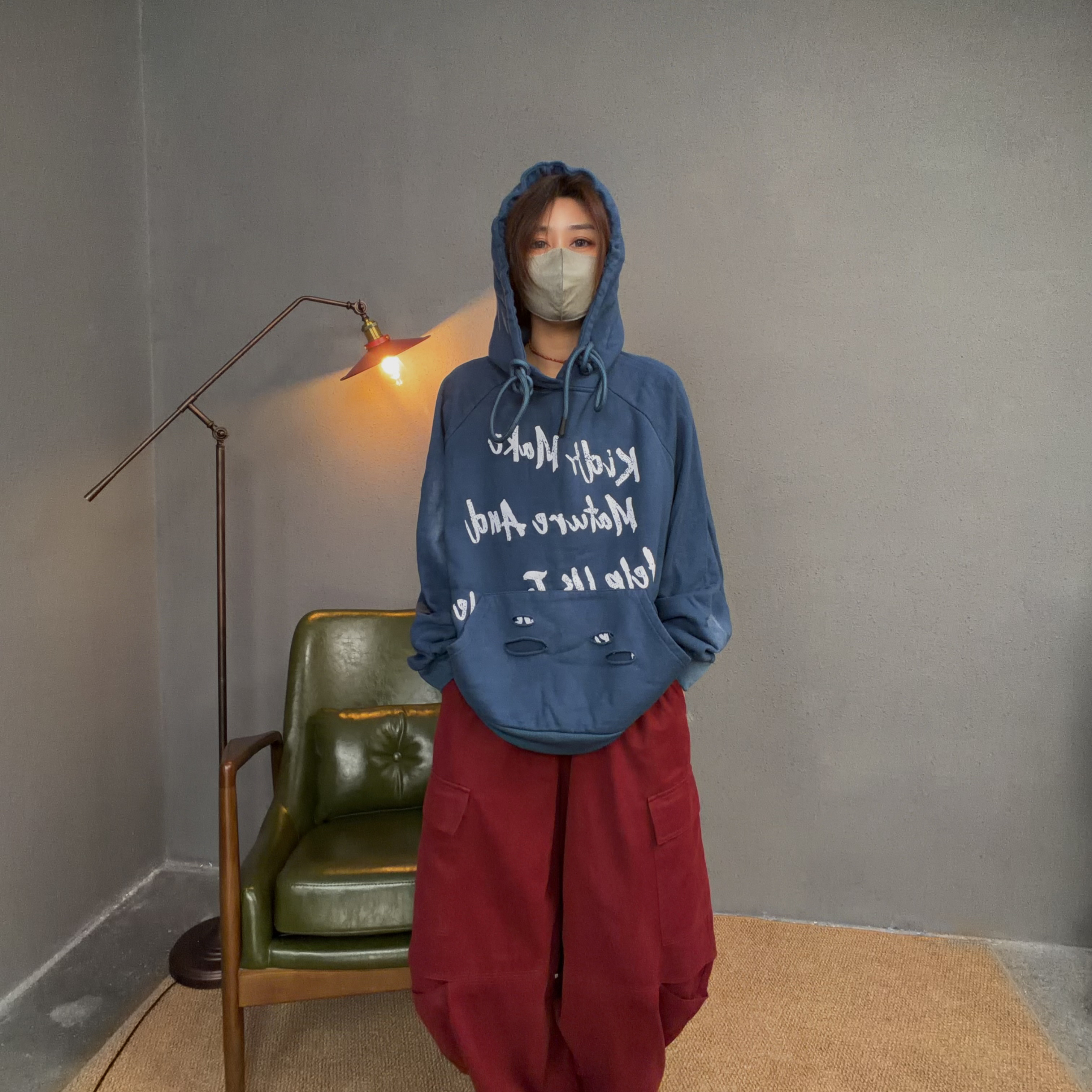 S183高克重做旧戏水拉破连帽卫衣宽松休闲印花复古高街秋冬