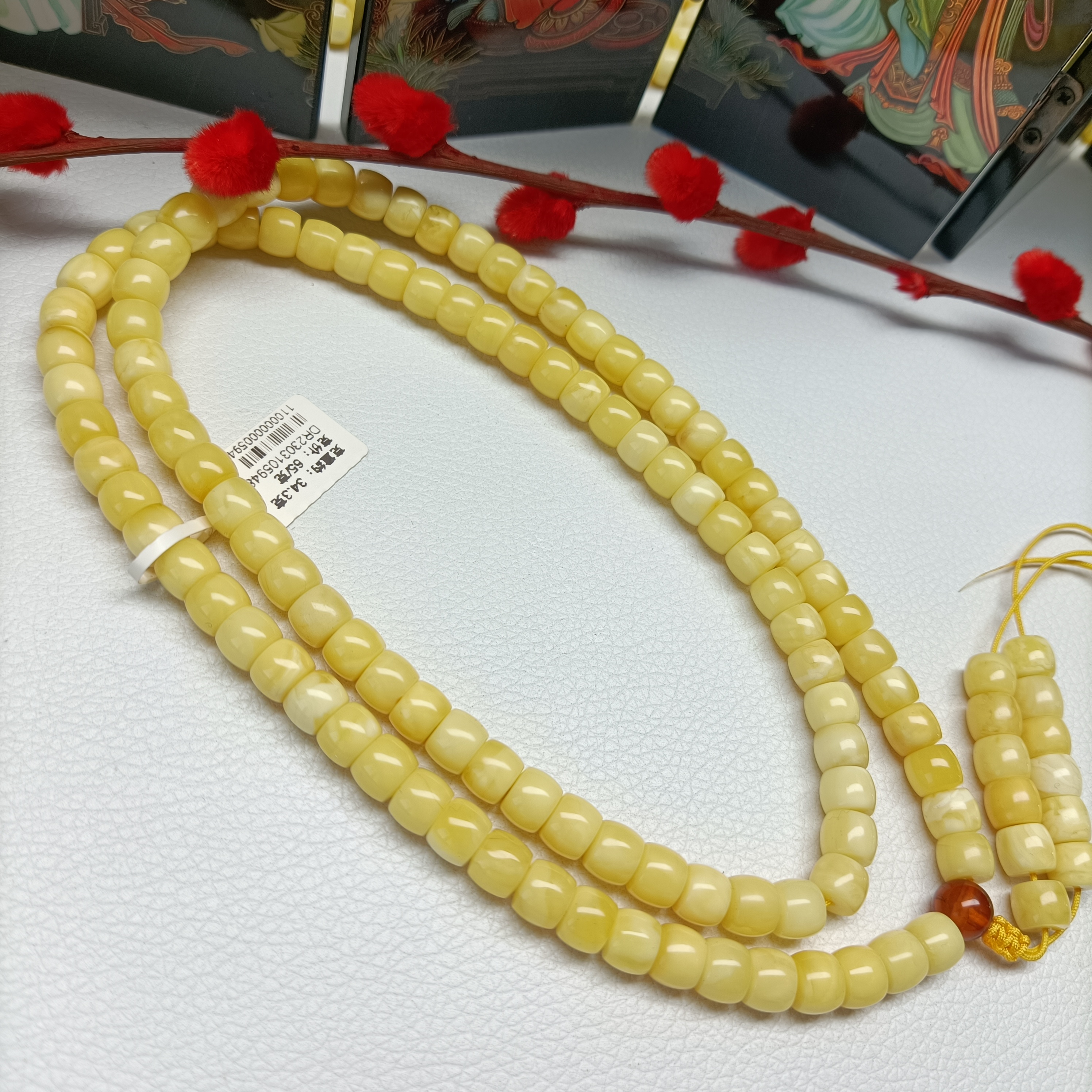 7.8珠径直切108佛珠~俄料蜜蜡浓蜡白花（天然原矿65/克福利款)～594