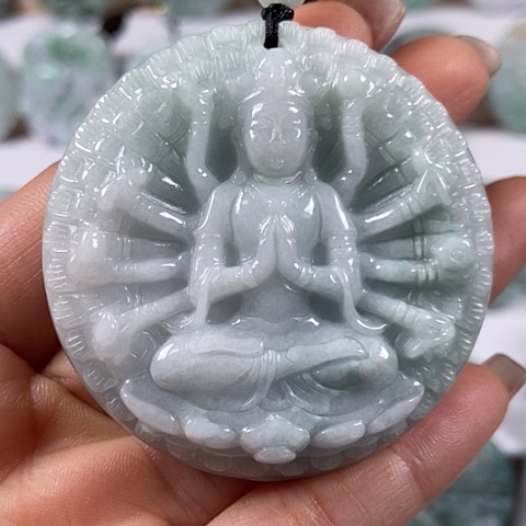 翡翠颈饰未镶嵌山水千手观音两面工福利有棉线福利
