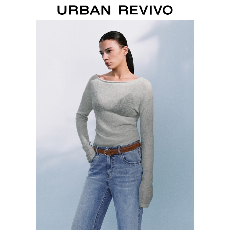UR2025秋季新款女装气质斜肩领褶皱长袖针织衫UWG950214+