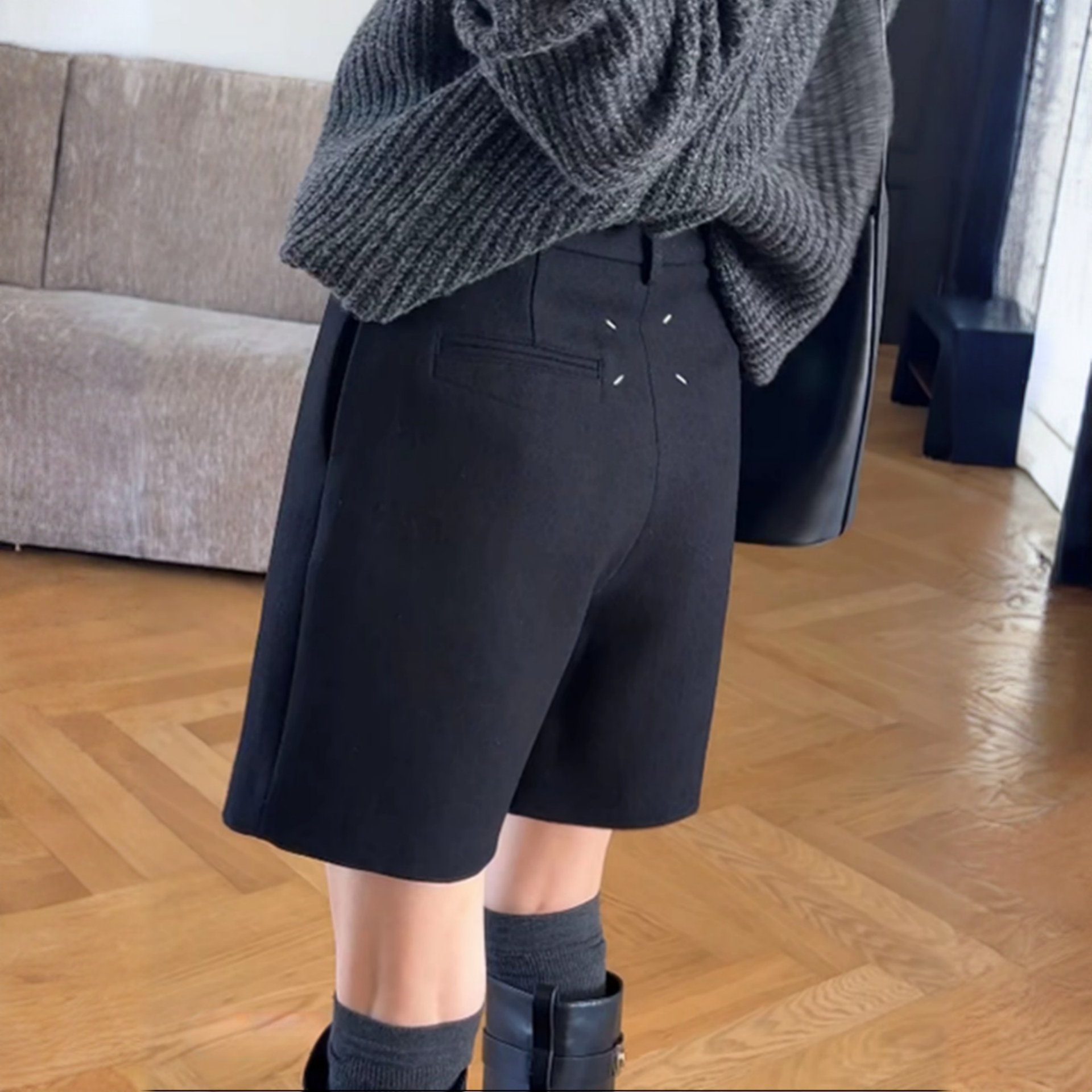 冬季新款高腰毛呢短裤女大码宽松显瘦直筒中裤靴裤梨型身材四分裤