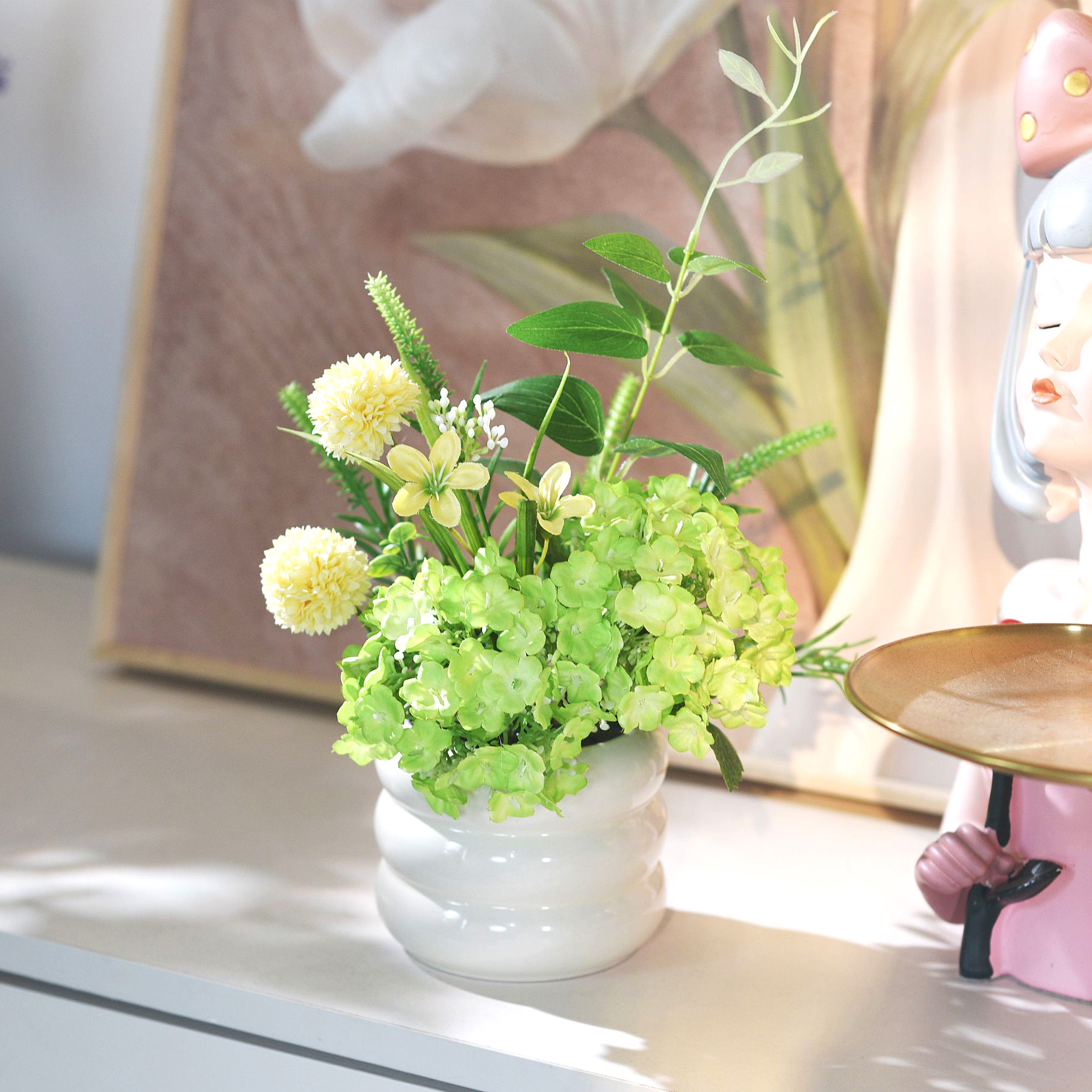 《春意》白绿木绣球花艺原创设计假花摆件餐桌仿真花摆设客厅装饰