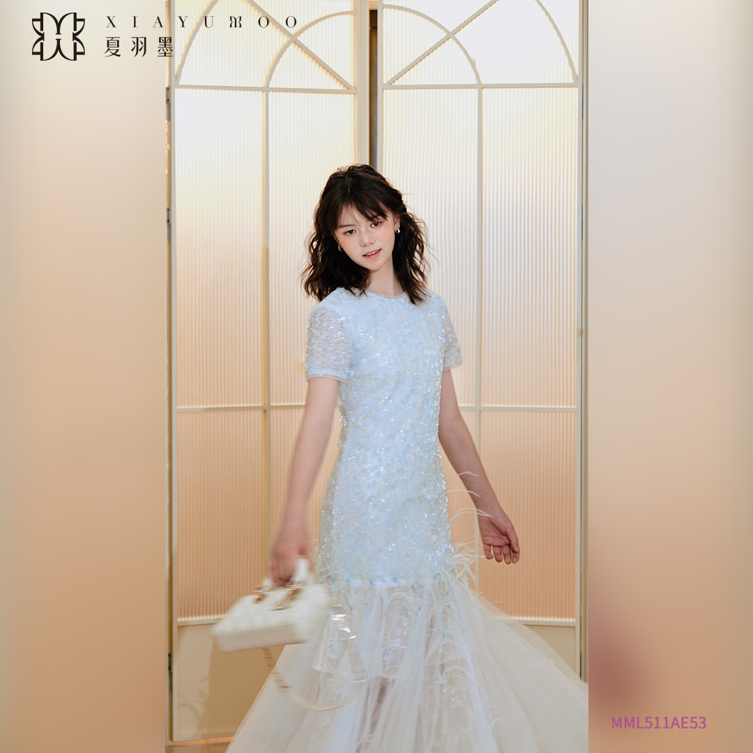 【青空】夏羽墨女童新款蓝色碎花短袖驼鸟毛网纱礼服气质轻奢长裙