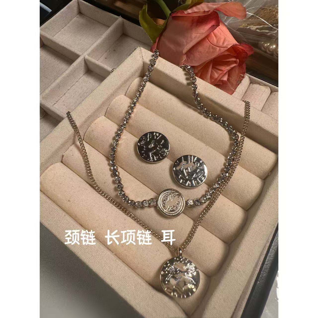 铜合金合成锆石项链 复古银色扣子项链套装 00A201