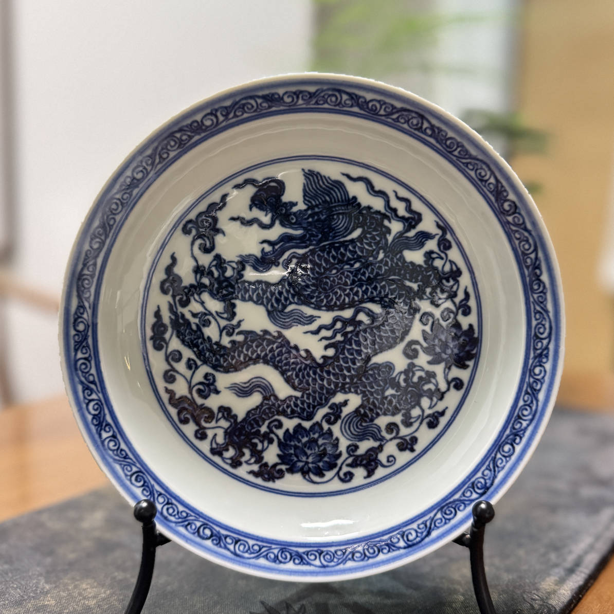 景德镇充青茶器仿明穿画龙壶承，纯手工手绘茶器，赏盘，口径17.7cm