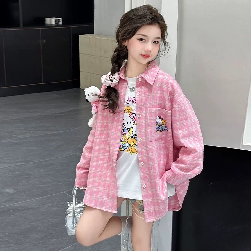 2025春韩版KT猫咪带小熊格子衬衫 D166 166 R