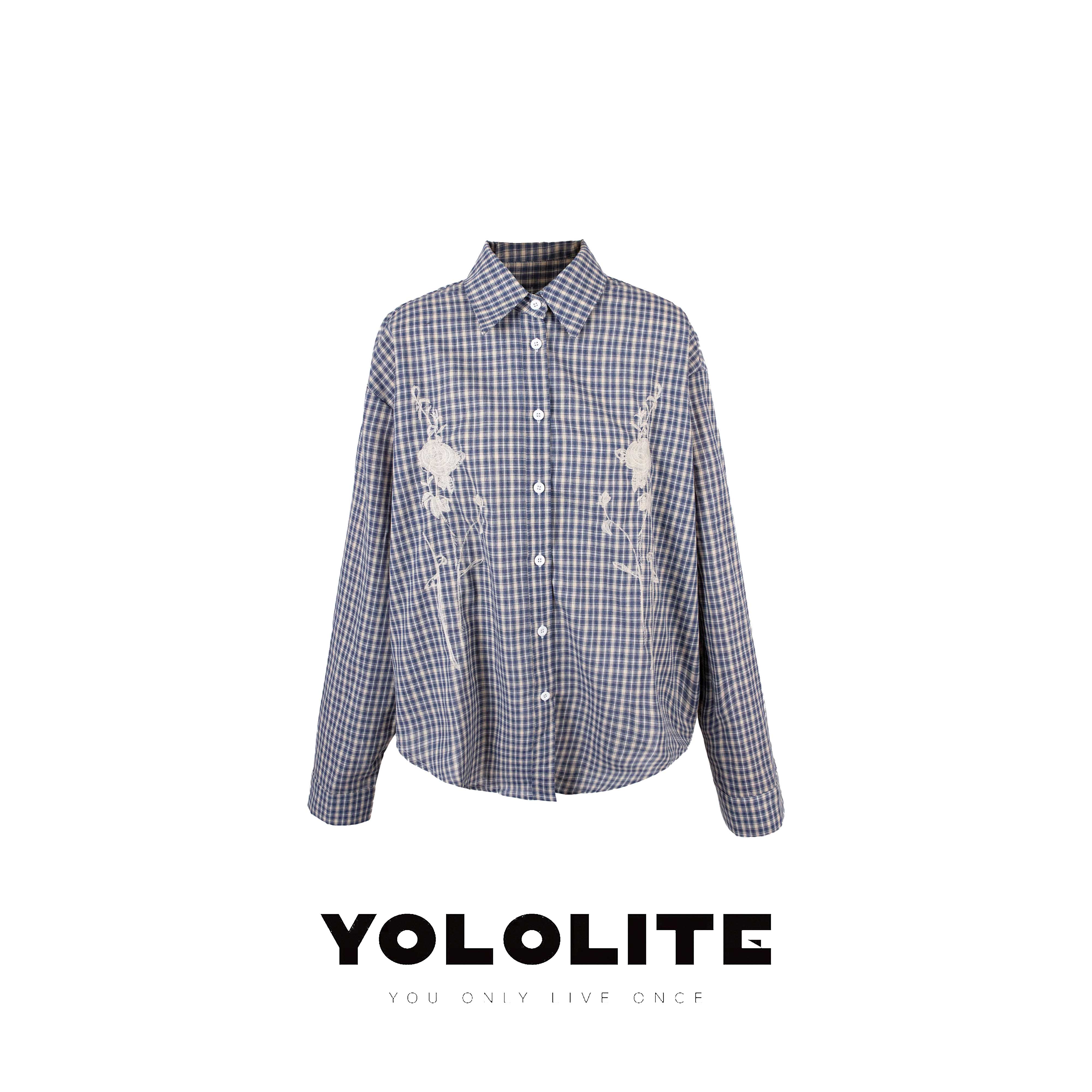YOLOLITE【画见】2667蓝色格子衬衫女中长款遮屁股高级感设计感上衣