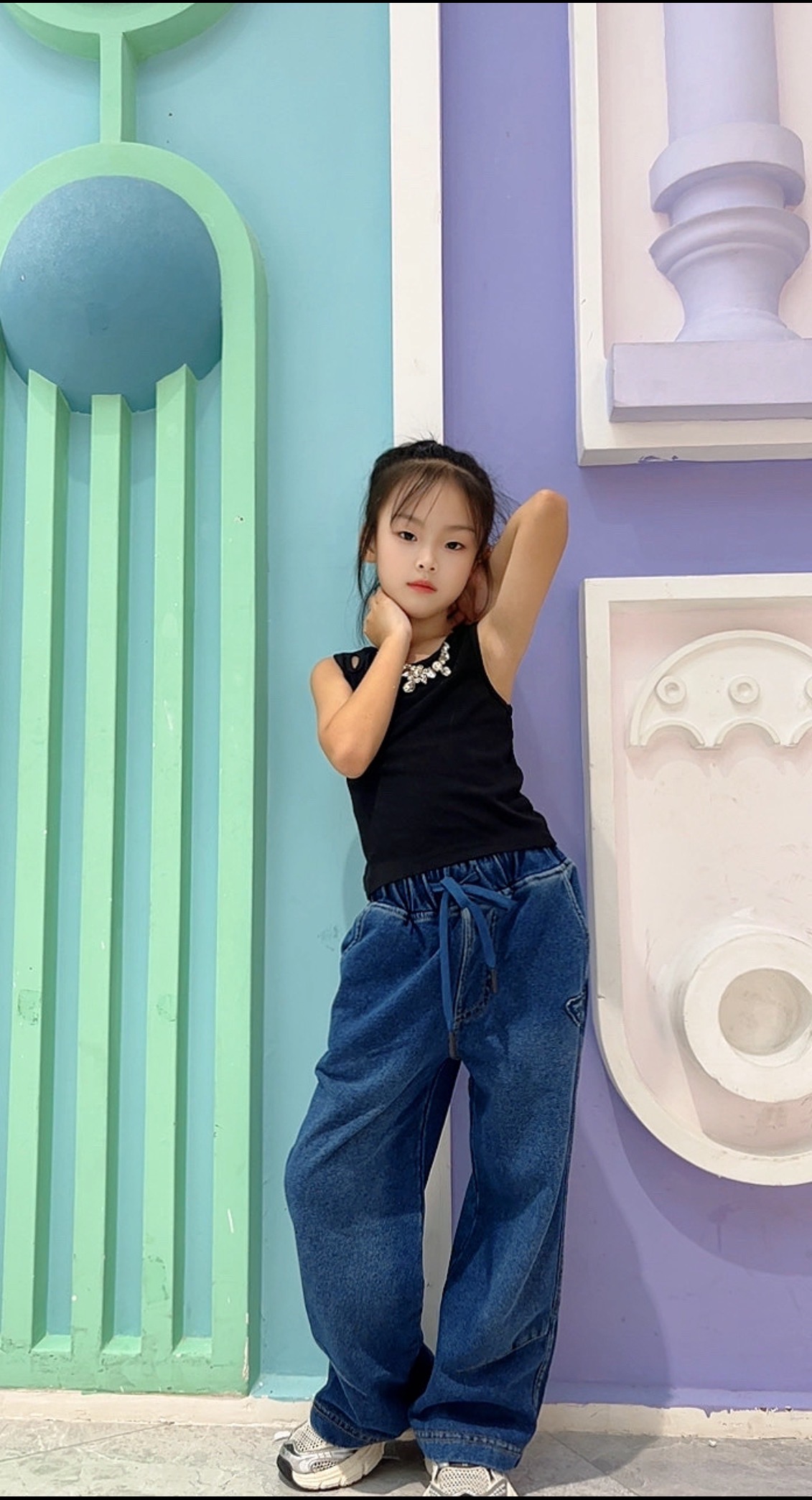 25年秋季新款针织牛仔长裤女童超柔宽松阔腿长裤102