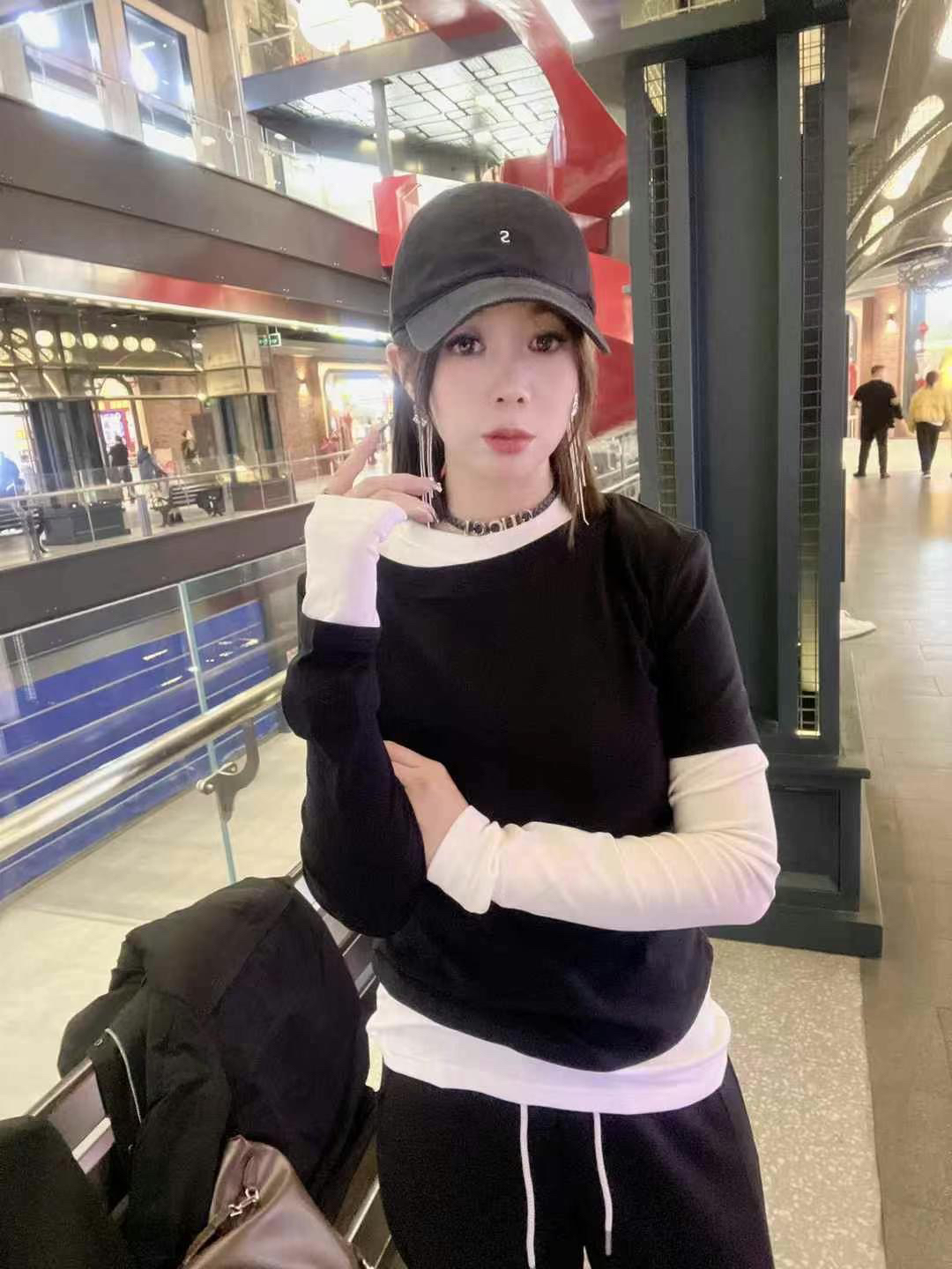 纯色拼色T恤抗起球圆领时尚套装长袖轻熟风春季拼接打底衫80203