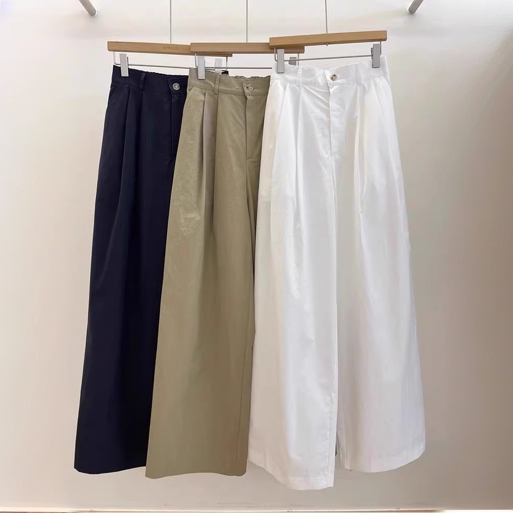 纯棉酵洗加柔日系白色高腰阔腿裤女秋季小个子百搭直筒宽松长裤