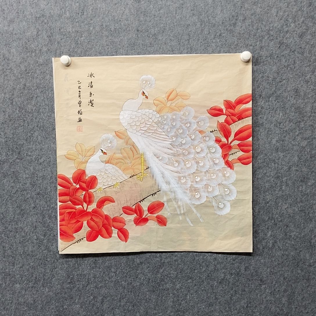 国画四尺斗方工笔花鸟一副