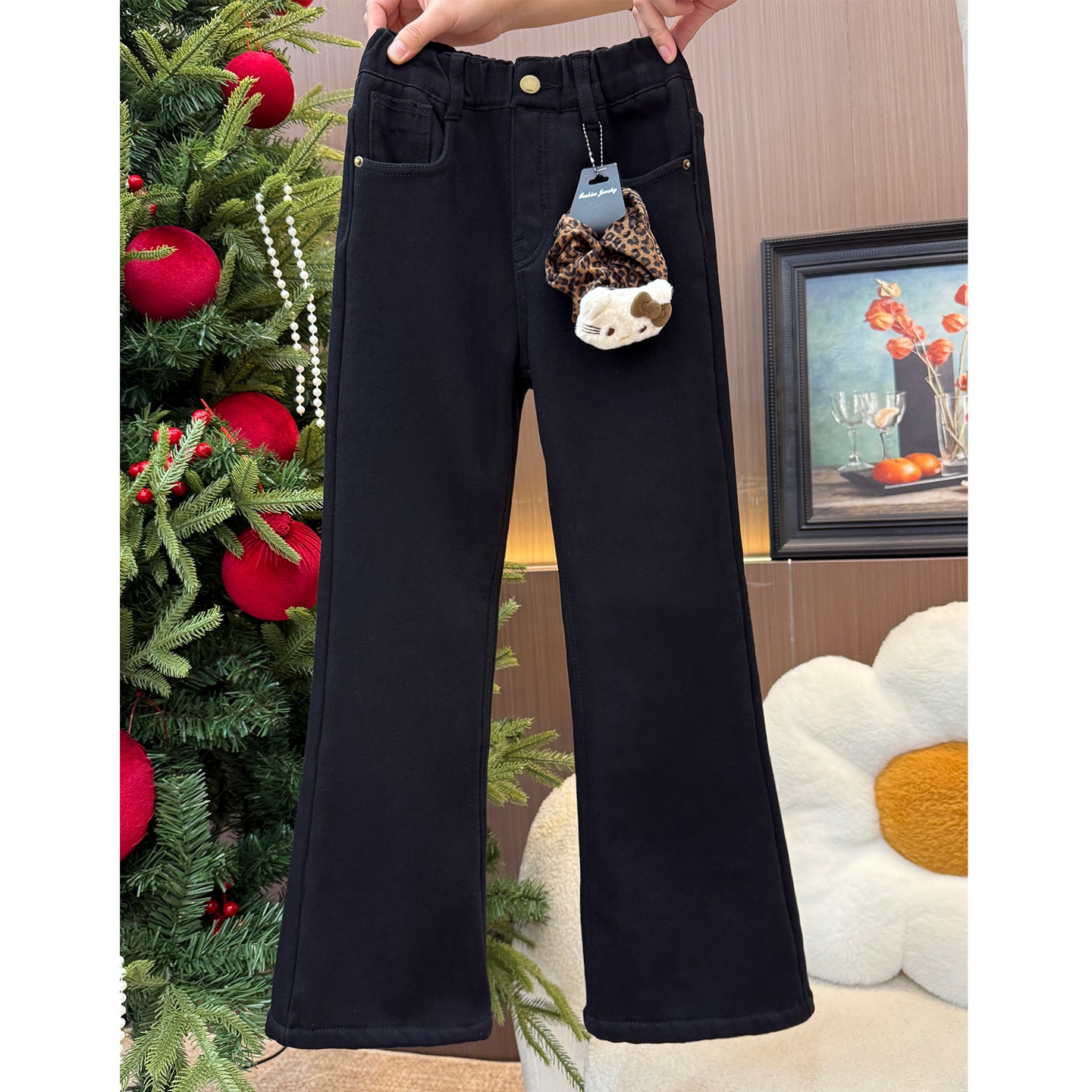 【年款•原版实体品质】升级弹力女童加绒牛仔裤简约黑色喇叭裤3455