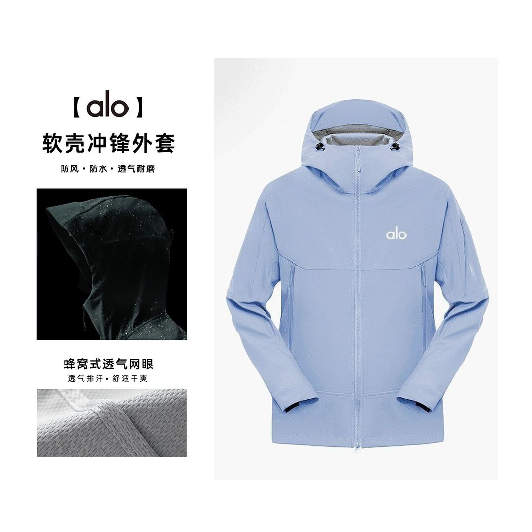 alo男女情侣休闲速干纯色简约冲锋衣夹克防水外套耐磨春秋软壳衣