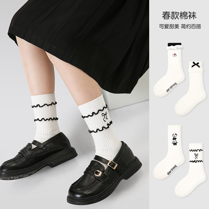 儿童袜子批发2025秋冬简约蝴蝶结公主风中筒袜无骨女童袜棉白色