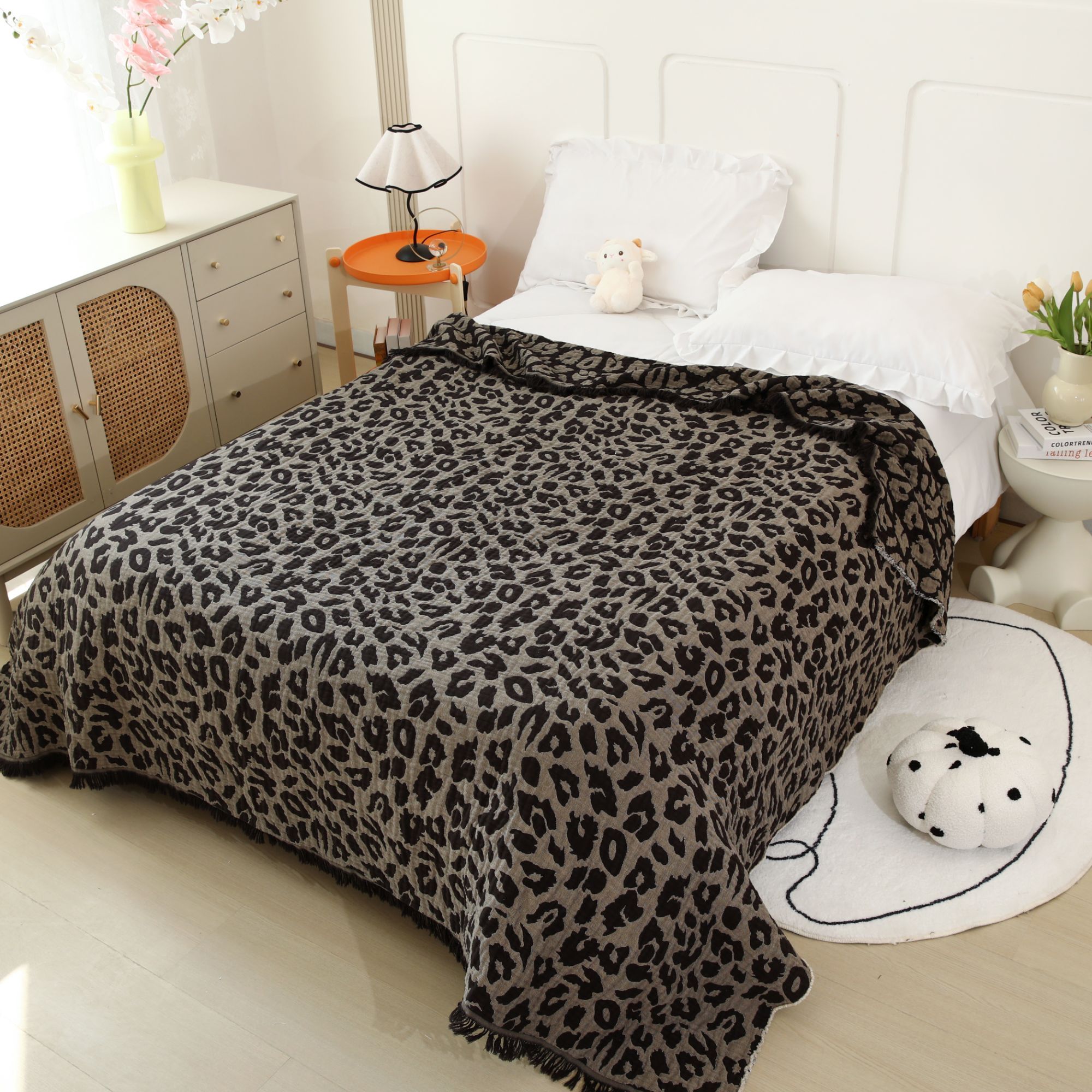 【黑白豹纹】200cm*230cm高端多功能工艺款四季用棉麻亲肤床盖毯
