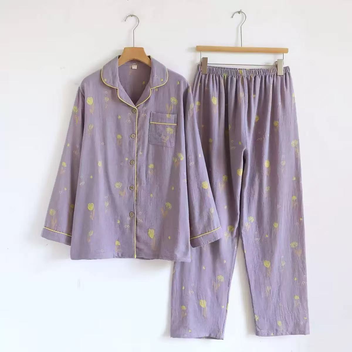 【色织套装】色织提花女士全棉双层纱休闲家居服长袖长裤套装