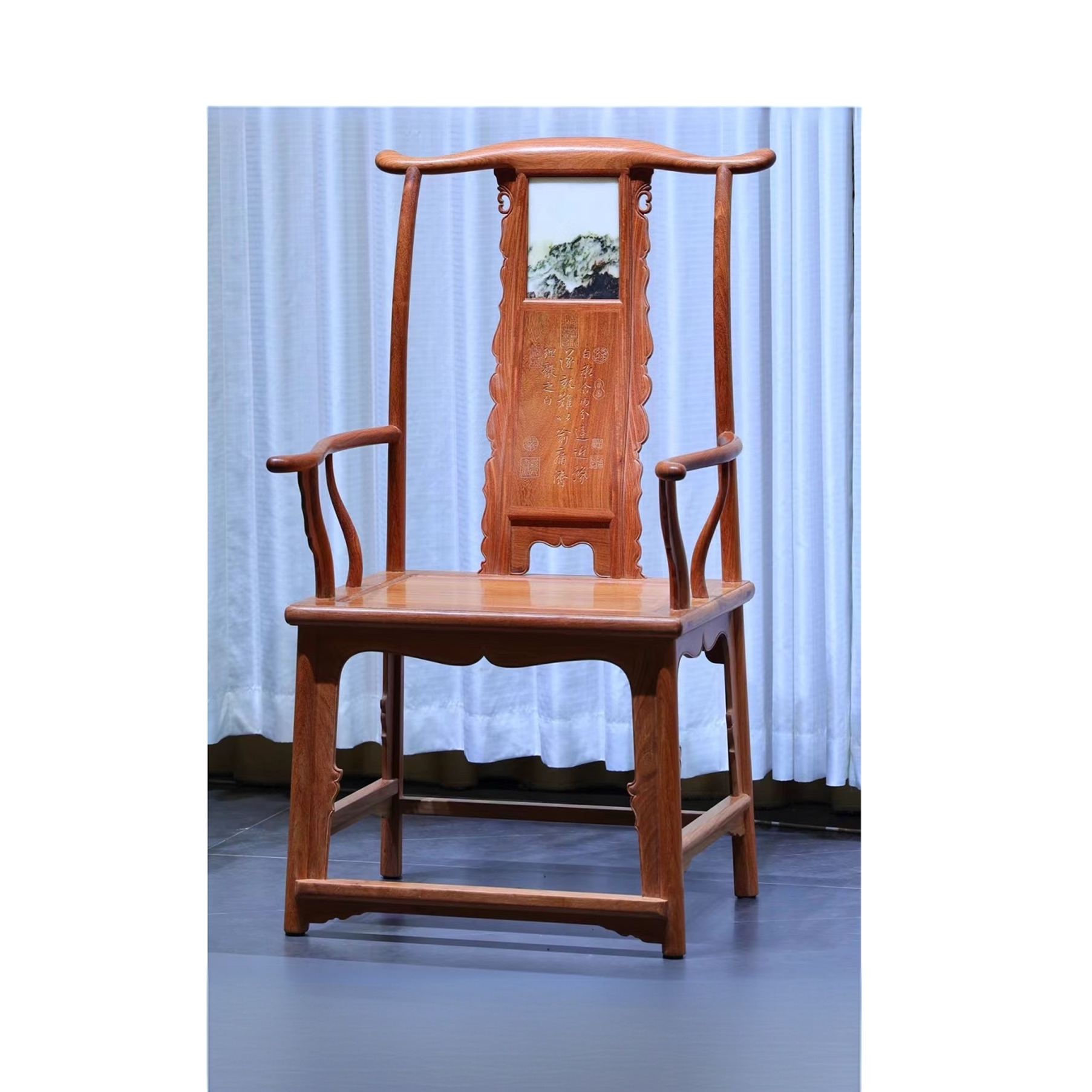 缅甸花梨嵌云石四出头官帽椅