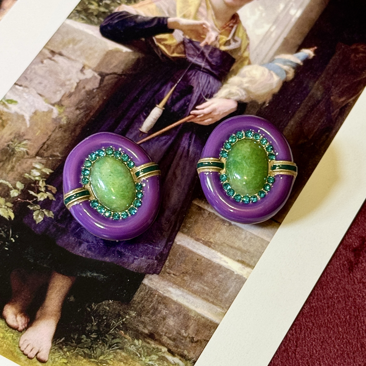 铜合金耳饰 「紫流莺」法式复古紫色耳钉轻奢气质绿色中古耳饰耳拍