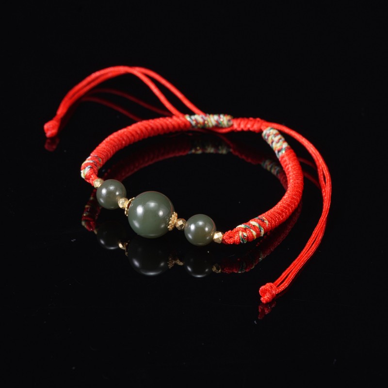 十安|925银镶和田玉菠菜绿碧玉红绳手串多样性发货*26549*【YF】