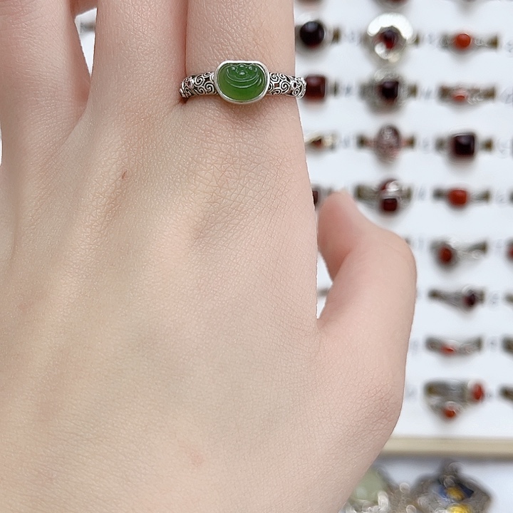 和田玉戒指银S925镶嵌天然