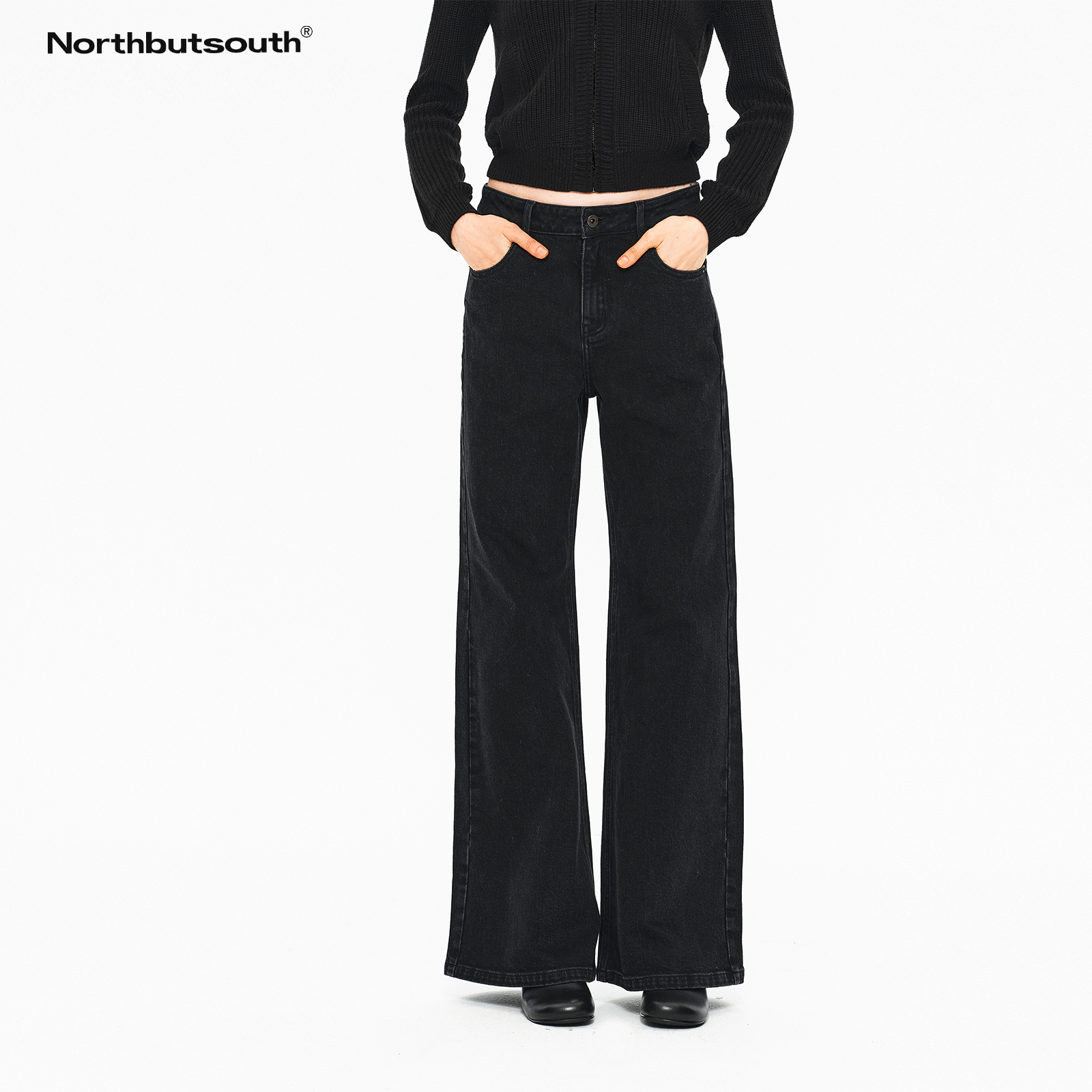 Northbutsouth复古黑灰水洗做旧中高腰直筒软牛仔休闲裤
