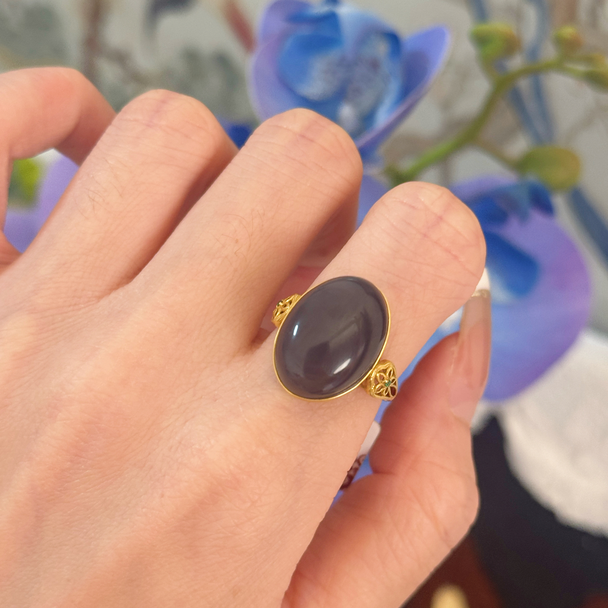 和田玉浓烟紫18k金戒指