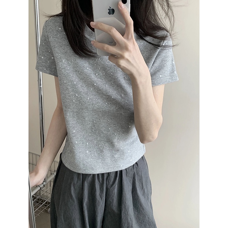 重工烫钻满天星圆领酷飒风女装高级感短袖休闲风百搭洋气女T恤潮
