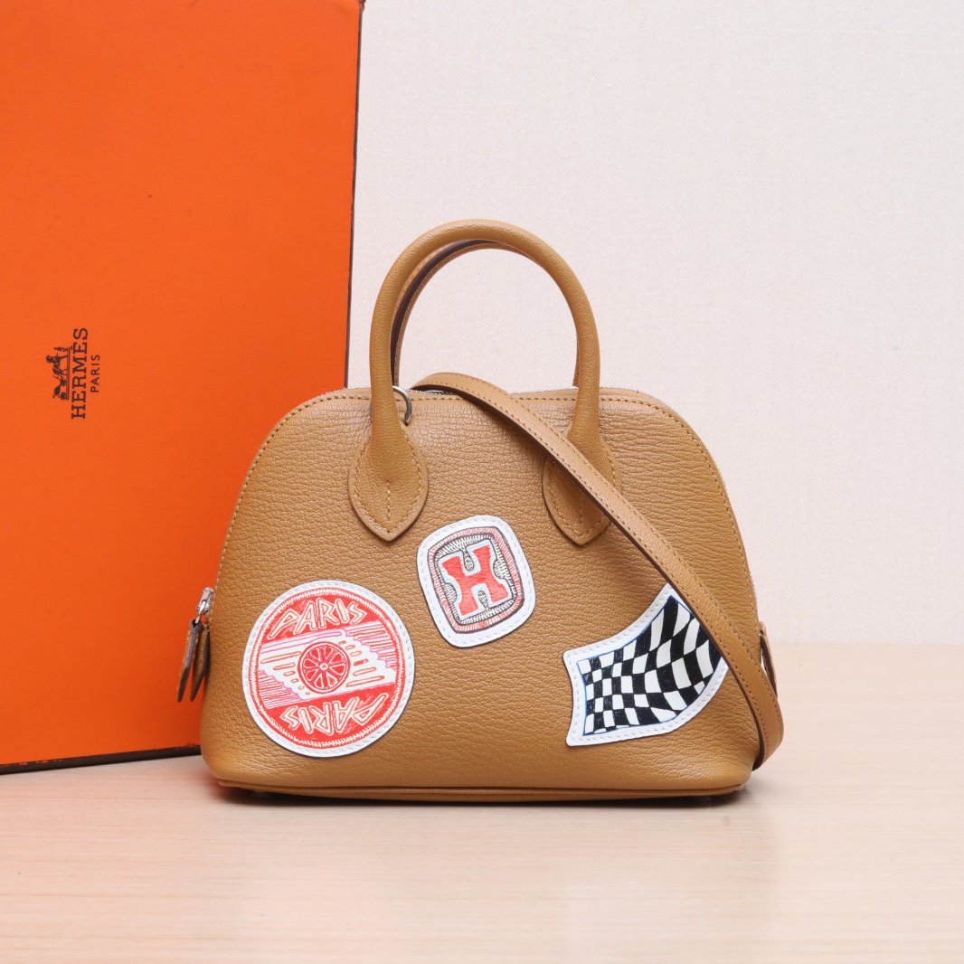 99新 Hermes/爱马仕 小花Jerry 5742203 保龄球 Mini 焦糖色 W刻