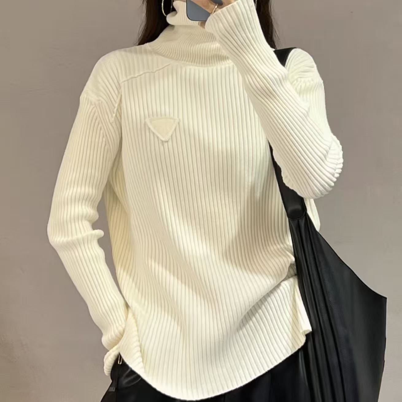 高领三角标毛衣秋冬加厚保暖慵懒风宽松条纹内搭软糯毛衣XJ923