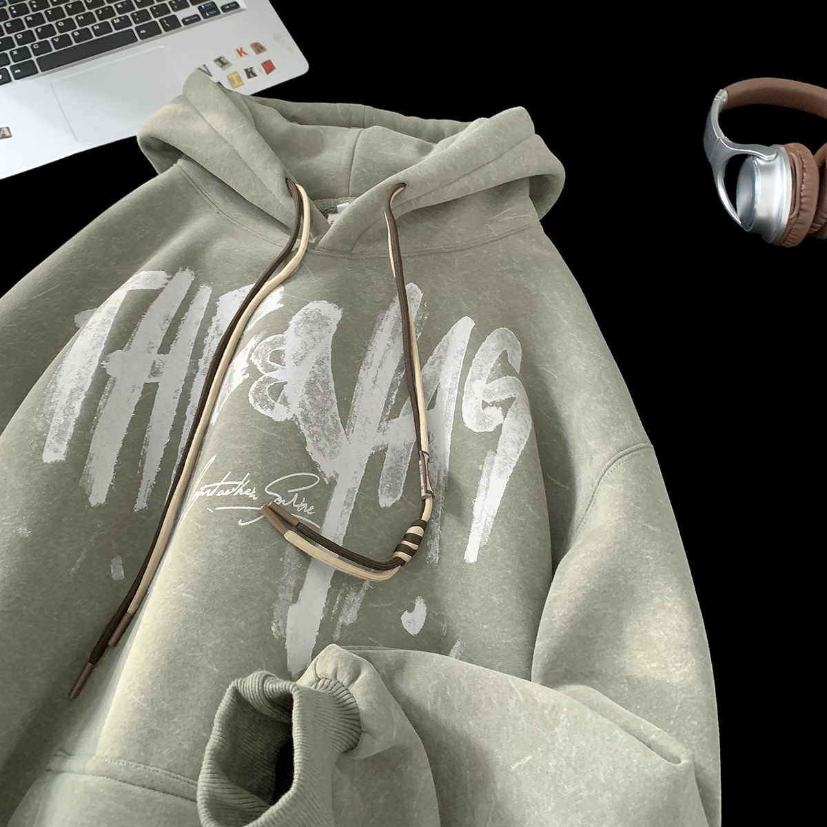 加绒加厚砂洗连帽卫衣男款秋冬美式潮牌400G重磅宽松休闲上衣外套