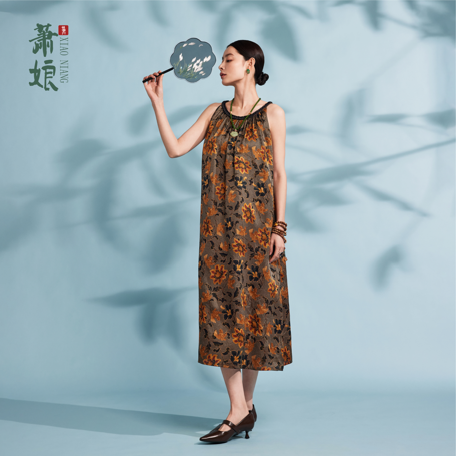 萧娘【花鸢】印花缎红云纱无袖连衣裙新中式宽松夏季气质女裙1896
