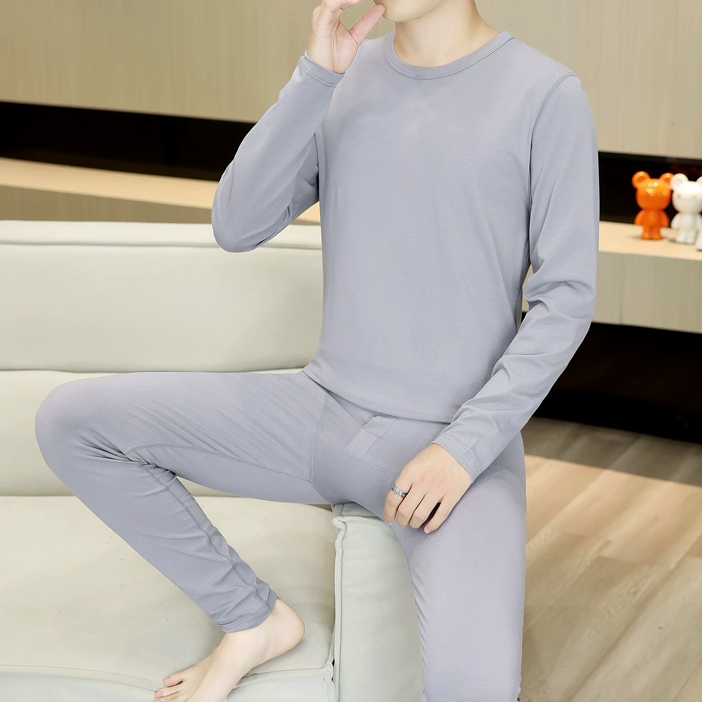 玲姐定制-男士保暖套装打底内衣纯色男款秋衣秋裤两件套521223