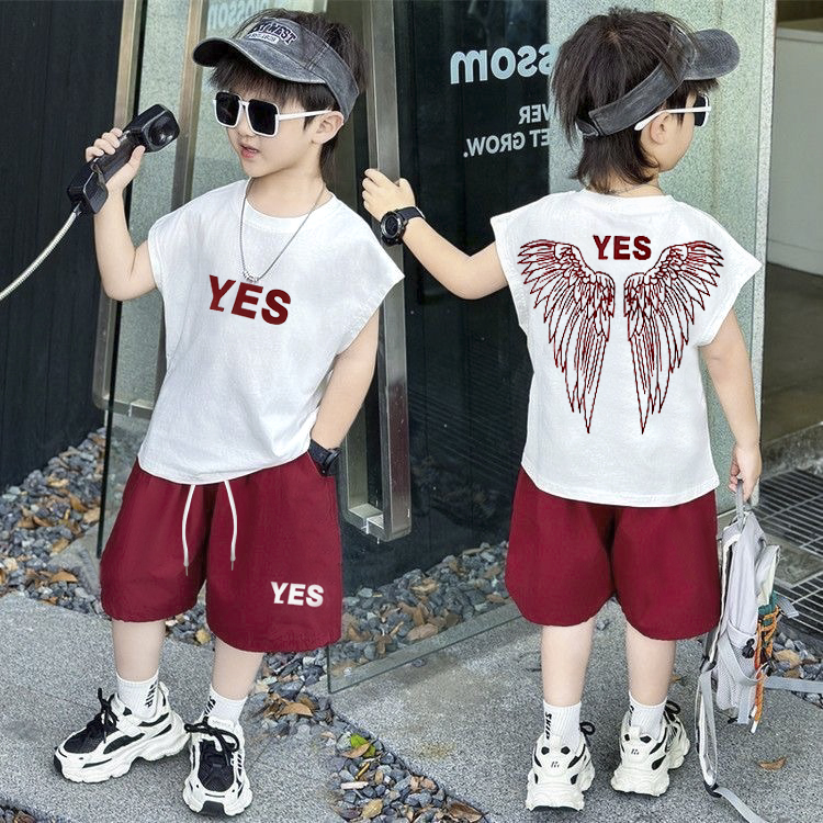 YES【100%纯棉】2025夏季坎肩儿童套装潮童时尚五分裤薄款洋气印花