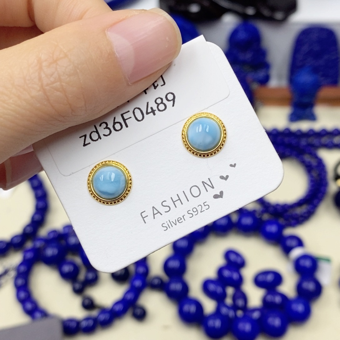 青金石耳饰银S925镀金镶嵌