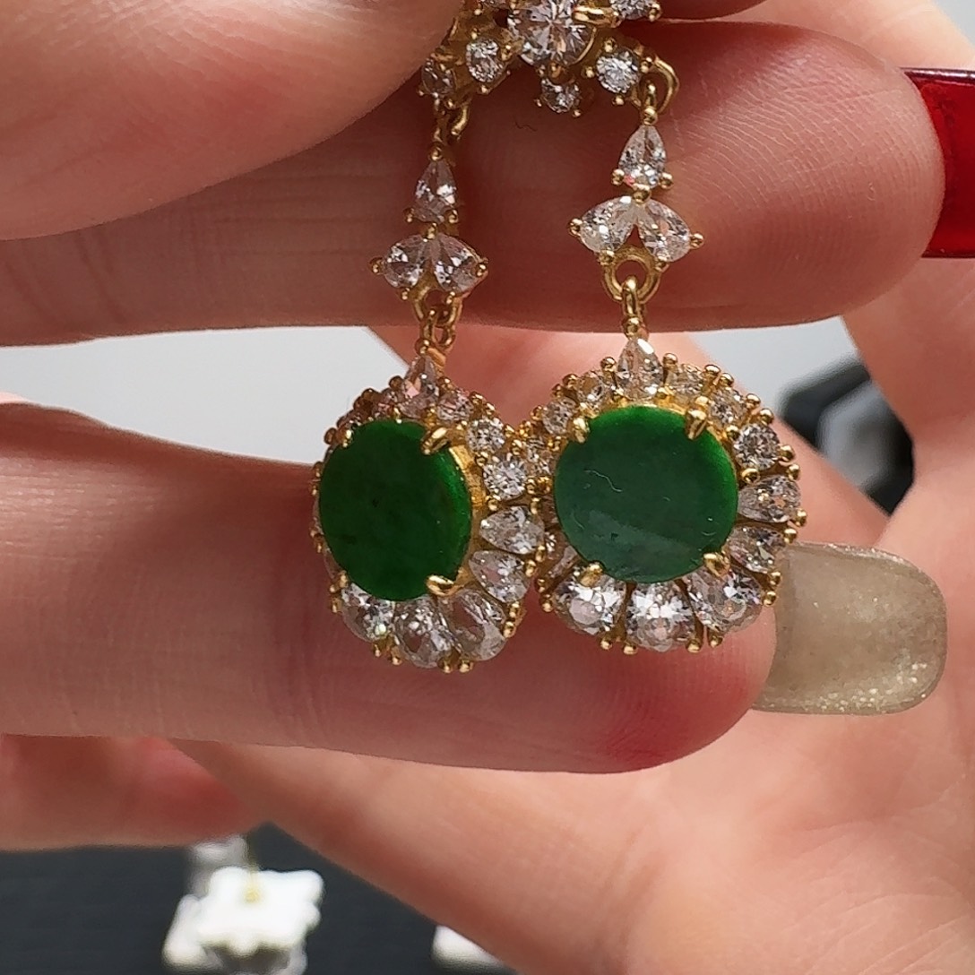 翡翠耳饰银S925镶嵌耳钉