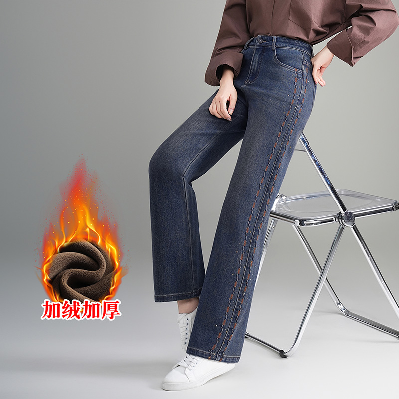 复古刺绣秋季高腰微弹水洗牛仔裤株洲女裤直筒裤长裤宽松时尚裤子