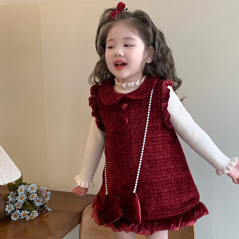 女童连衣裙秋冬款儿童冬季红色绝美过年服宝宝新年高级感公主裙子