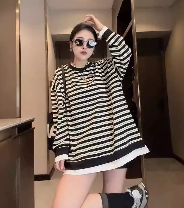 大码孕妇条纹假两件卫衣女款宽松慵懒风小个子长袖上衣6227