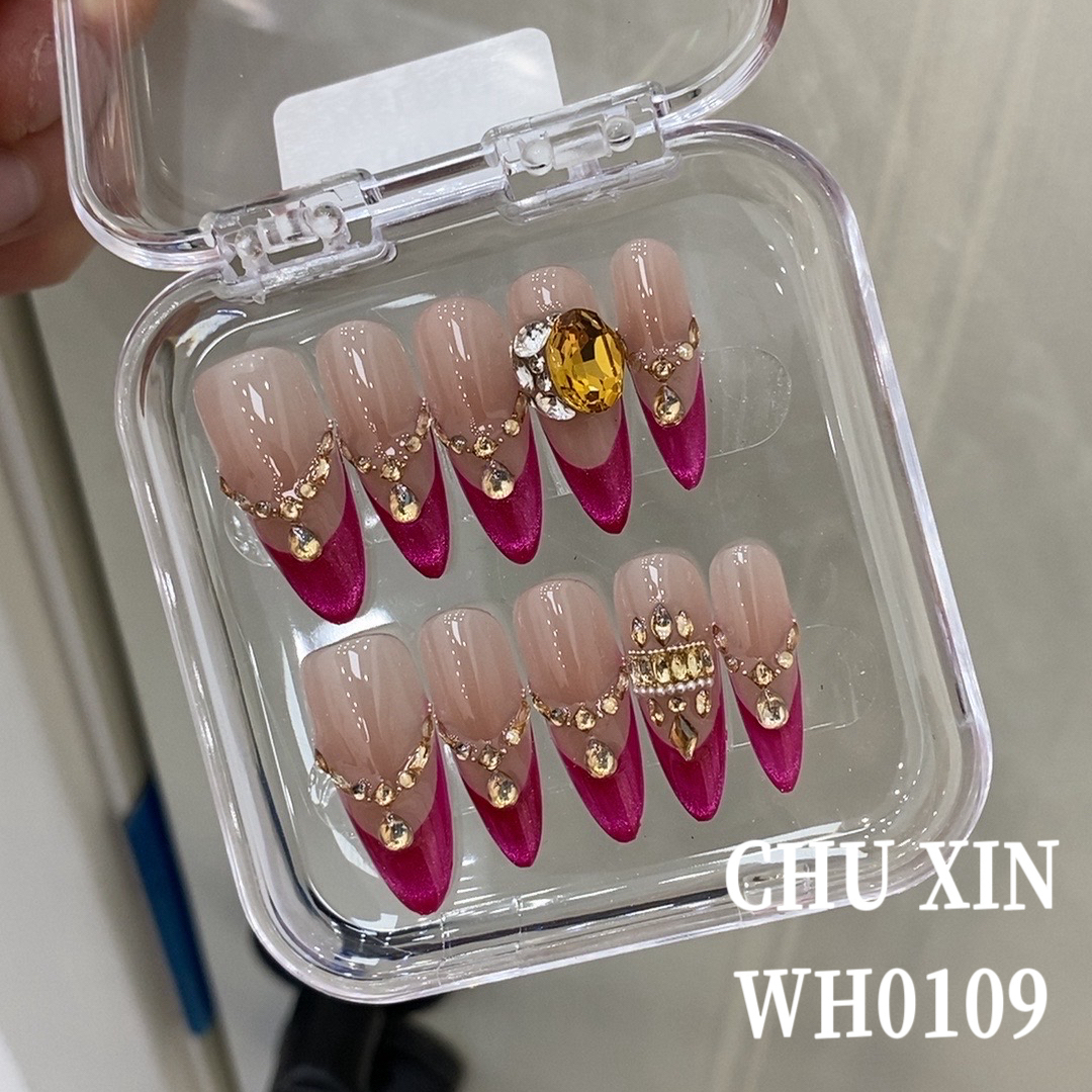 【WH0109玫红微星】纯手工穿戴甲夏日清新美甲可拆卸气质显白新款